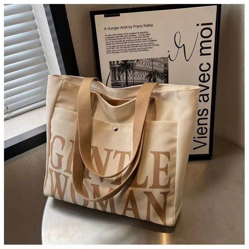 宽肩带字母韩系帆布包上班早八通勤女大学生上课包托特包单肩韩版