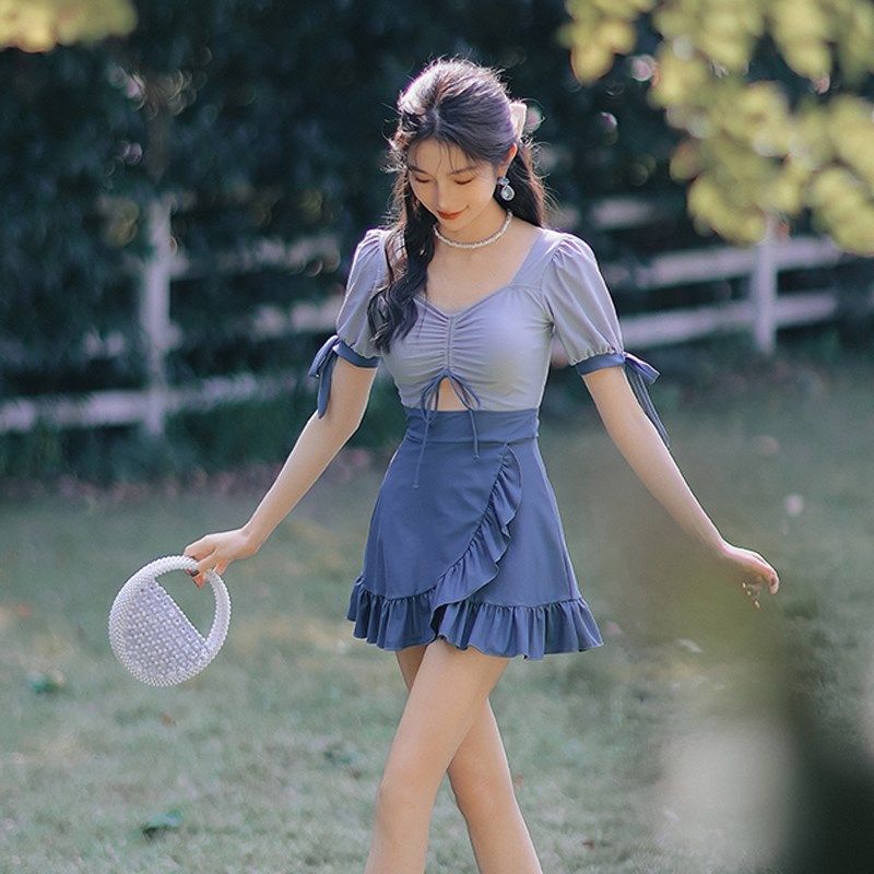 泳衣女微胖女孩遮肉显瘦保守遮肚子高级感泡温泉连体大码泳装可爱