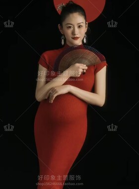 孕妇影楼中国风主题新款复古民国红色针织旗袍孕妈咪摄影拍照服装