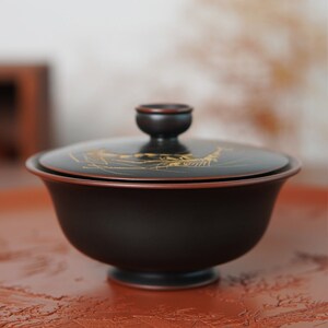 小自在盖碗 广西省工赖石刻广西坭兴陶原矿紫陶茶具