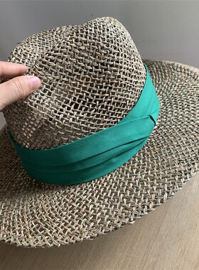 帽子男夏天潮度假沙滩夏季宽沿咸草手工草编礼帽绿色巴拿马草帽女