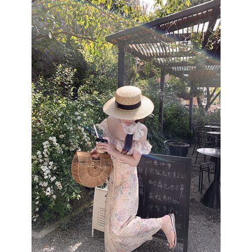 现货EVNSTYLE“杜乐丽花镜”法式甜美中长款一字领绣花收腰碎花连
