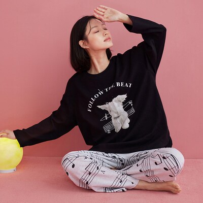 睡衣女春秋款长袖长裤休闲宽松套头黑色家居服可外穿出门套装