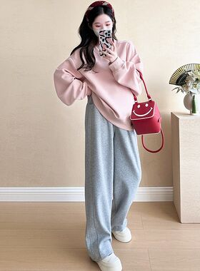 孕妇套装2024新款春秋时尚休闲粉色长袖圆领减龄卫衣裤子两件套女