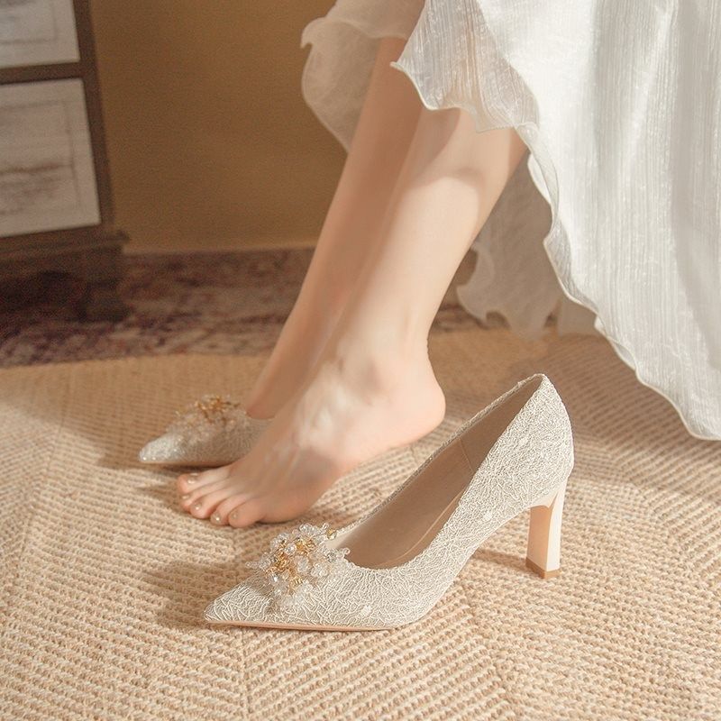 法式婚鞋禾秀婚纱两穿粗跟2024新款春秋主婚纱不S累脚香槟色高跟