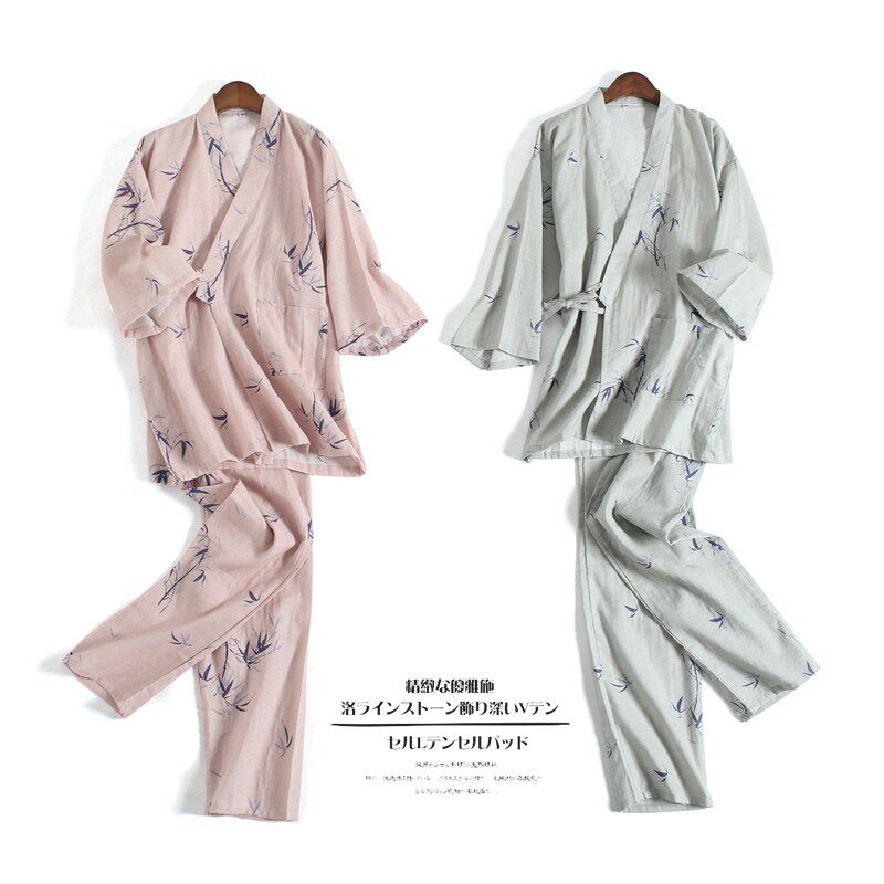 日式睡衣男女夏秋汗蒸服大码和风纱布长袖汉和服家居套装情侣