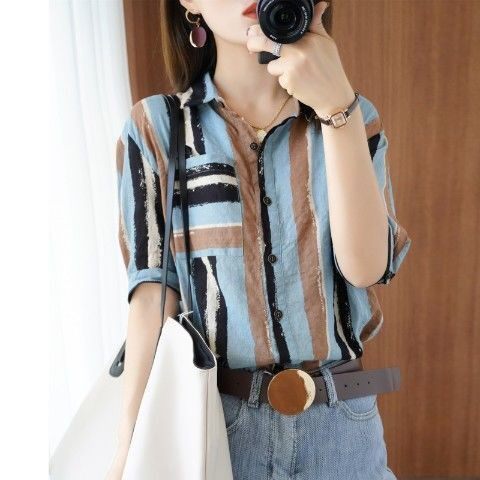 条纹衬衫女设计感小众新款2023年夏季薄款复古港味宽松短袖上衣潮