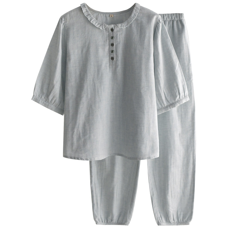 日系荷叶边套头睡衣女士春夏季纱布薄款中袖九分裤家居服套装