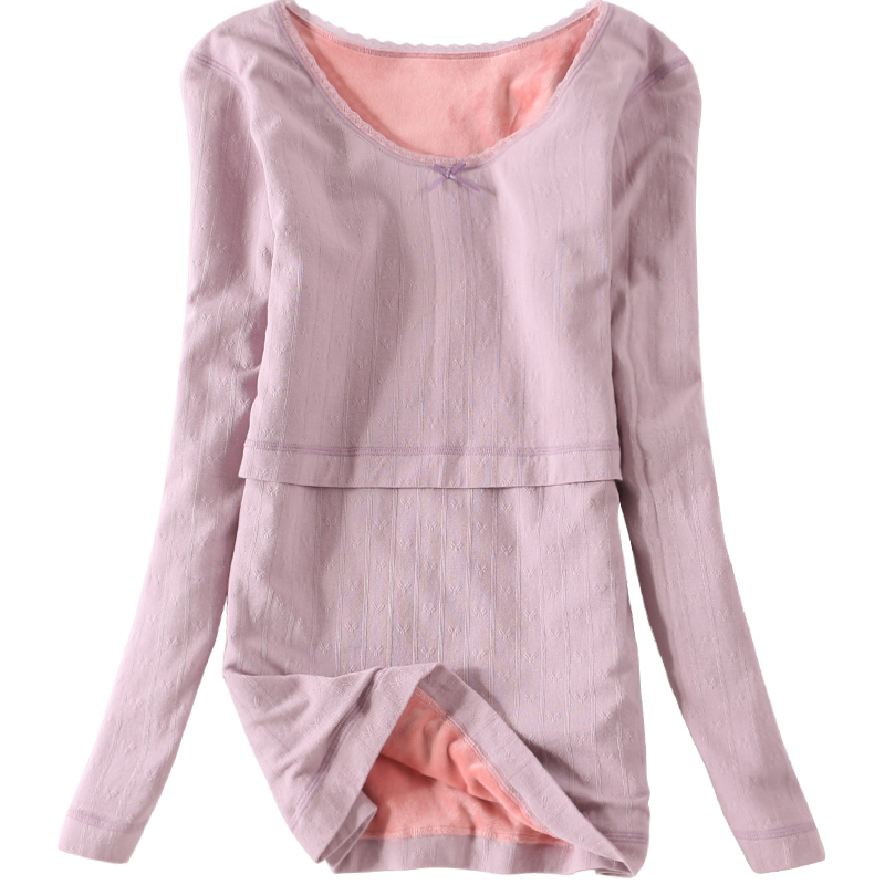 产后哺乳上衣加绒加厚秋冬喂奶月子服孕妇单件秋衣托腹保暖内衣冬