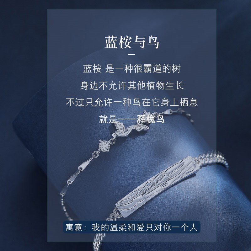 蓝桉与鸟情侣款银手链女男款一对高级感手镯生日纪念日礼物送女友