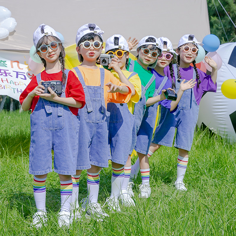 六一男童女童牛仔背带短裤套装夏季幼儿园毕业班服儿童合唱演出服