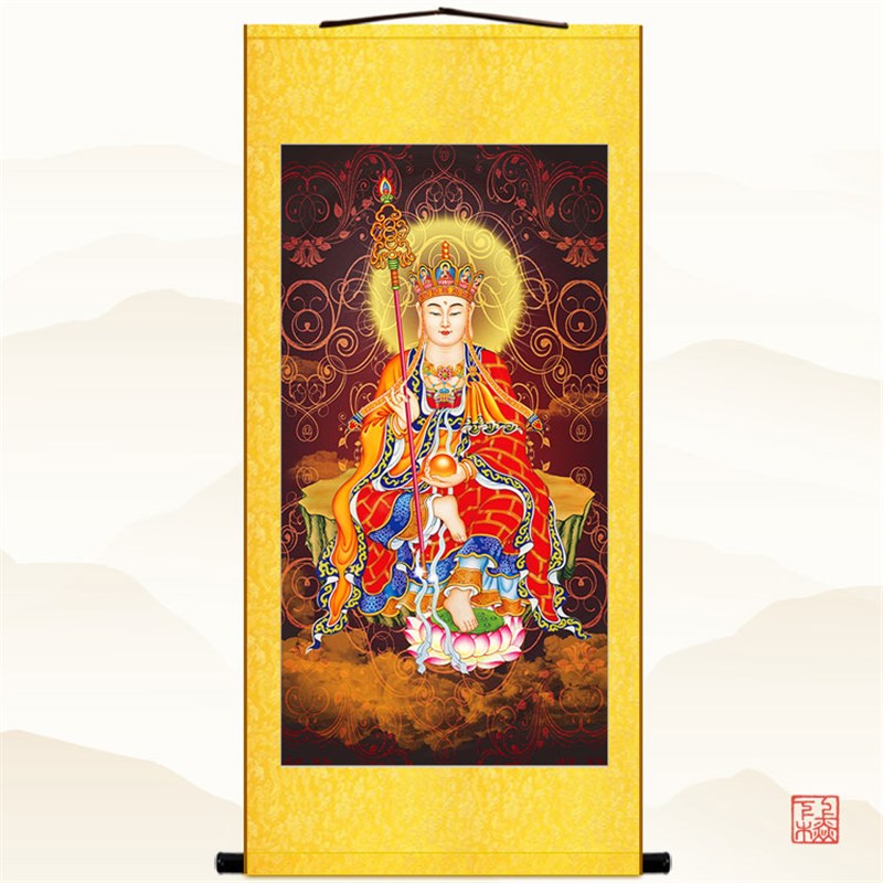 高清地藏王菩萨画像 佛堂庄严佛像画绢布卷轴挂画 丝绸画来图定制