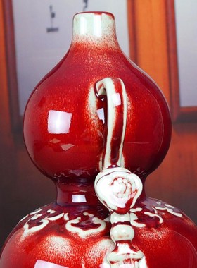 高档禹州钧瓷花瓶家居装饰陶瓷工艺品葫芦摆件温家钧窑鸡血红福禄