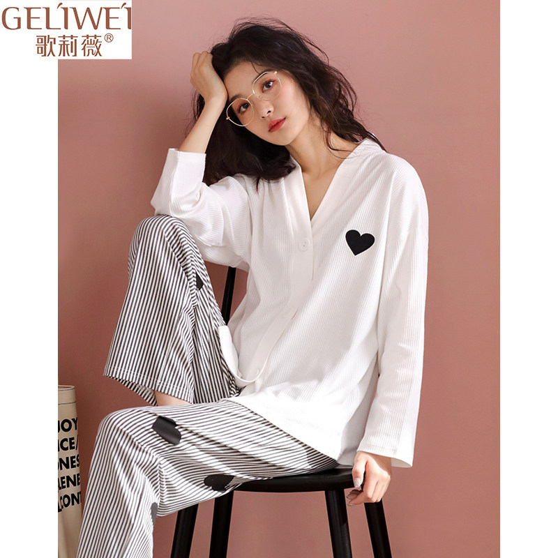 2022年新款睡衣女春秋款长袖白色开衫时尚家居服春夏大码套装