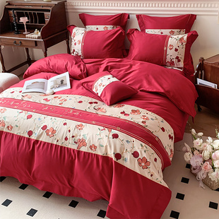 乐优公主100支长绒棉结婚四件套喜被床单婚庆大红色被套床上用品