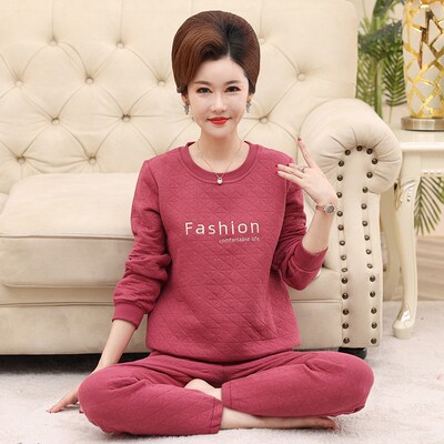 睡衣女中年妈妈秋冬季加厚空气棉夹层加大码秋冬天家居服套装