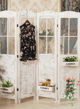田园复古折叠屏风实木玄关隔断花架橱窗镂空服装店落地式婚庆道具