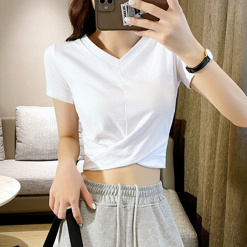 现货短款上衣女短袖白色小个子ty恤女2021年新款V领性感高腰露肚