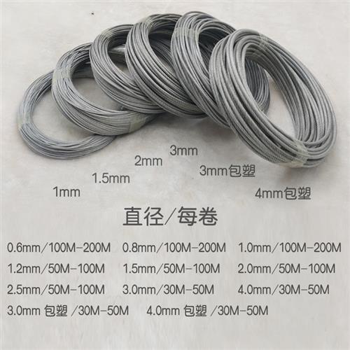316不锈钢钢丝绳晾衣绳防盗钢v丝绳线小1mm1.5mm2mm细软钢丝绳