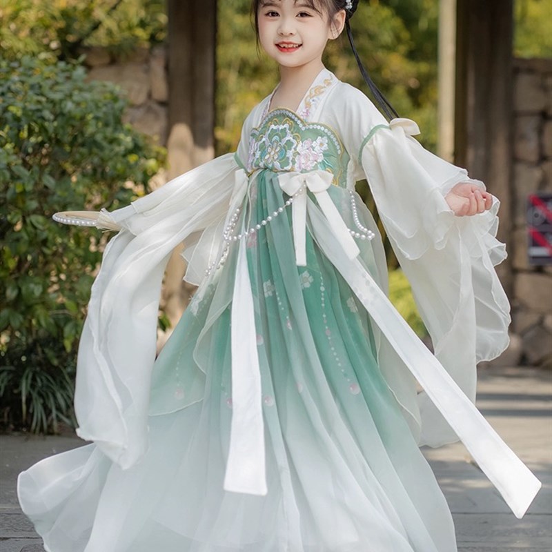 热销汉服女童春秋儿童古风超仙古装刺绣儒裙唐装薄款小女孩连衣裙