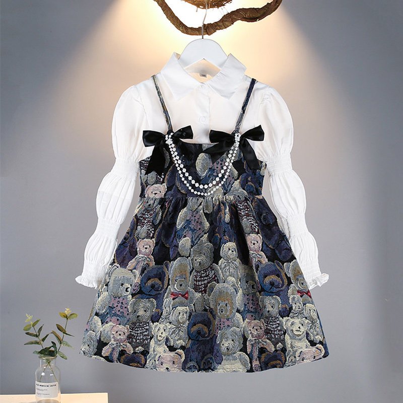 新品女童连衣裙春秋装2024新款洋气小女孩礼服裙子儿童衬衫吊带裙