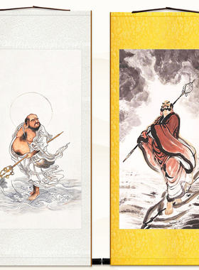 达摩祖师图画像 少林宗师 达摩一苇渡江图丝绸画中式卷轴挂画定制