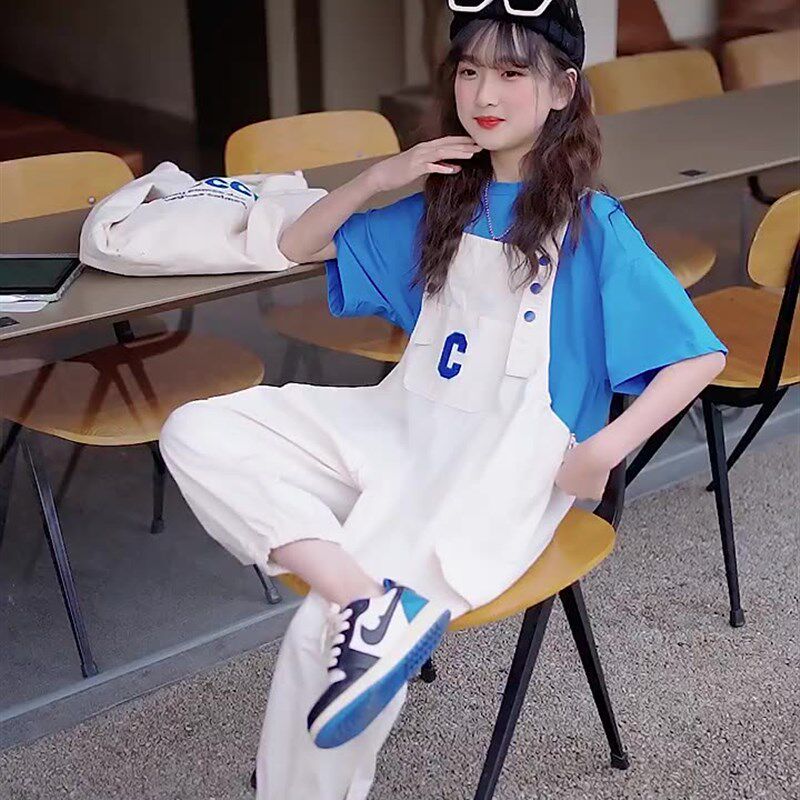 潮牌女童夏装套装儿童韩版洋气背带裤夏季两件中大童时髦柔软时尚