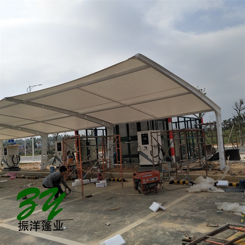 网红户外膜结构停车棚工程 7字型张拉膜雨篷建设异型工字钢充电