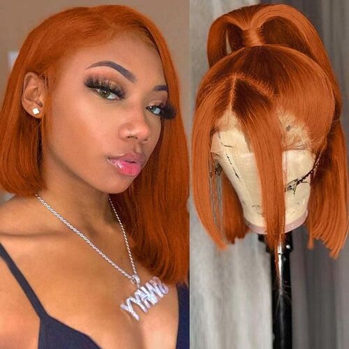 小众高货10A Human Hair 350# Orange Lace Bob 13*4 Frontal Wig