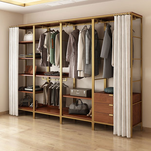 开放式衣柜帘子金色铁艺衣帽架落地步入式挂衣架卧室置物架50CM宽