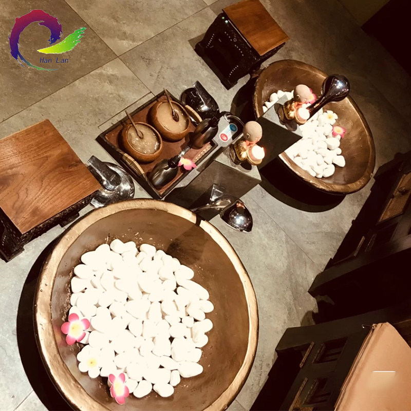 古法按摩洗脚盆放石头进去陶瓷泡脚缸泰式足浴店按摩泡脚盆大小号