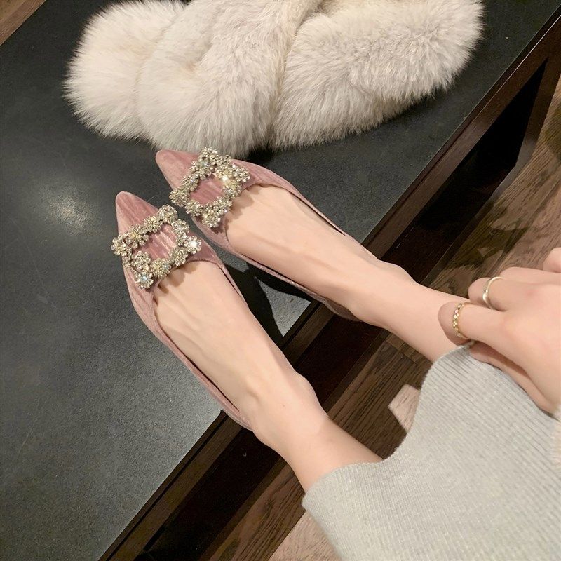 方扣水钻尖头浅口平底鞋2023春季新款法式细跟高跟单鞋女伴娘婚鞋,女鞋,浅口单鞋,淘宝优惠券,粉丝福利购,淘宝优惠卷