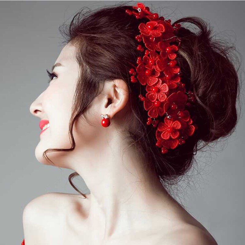 短发新娘b头饰发饰头花朵红色蕾丝珍珠日韩式结婚纱敬酒服盘发配