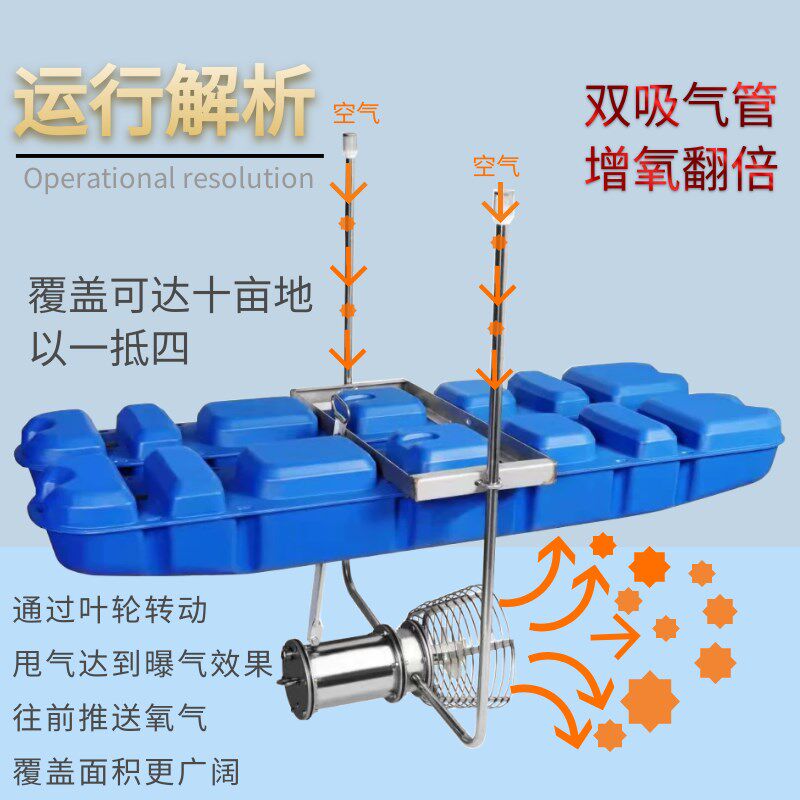 京岭不锈钢双管i进气增氧机浮水曝气推水式大型鱼塘养殖增氧泵220