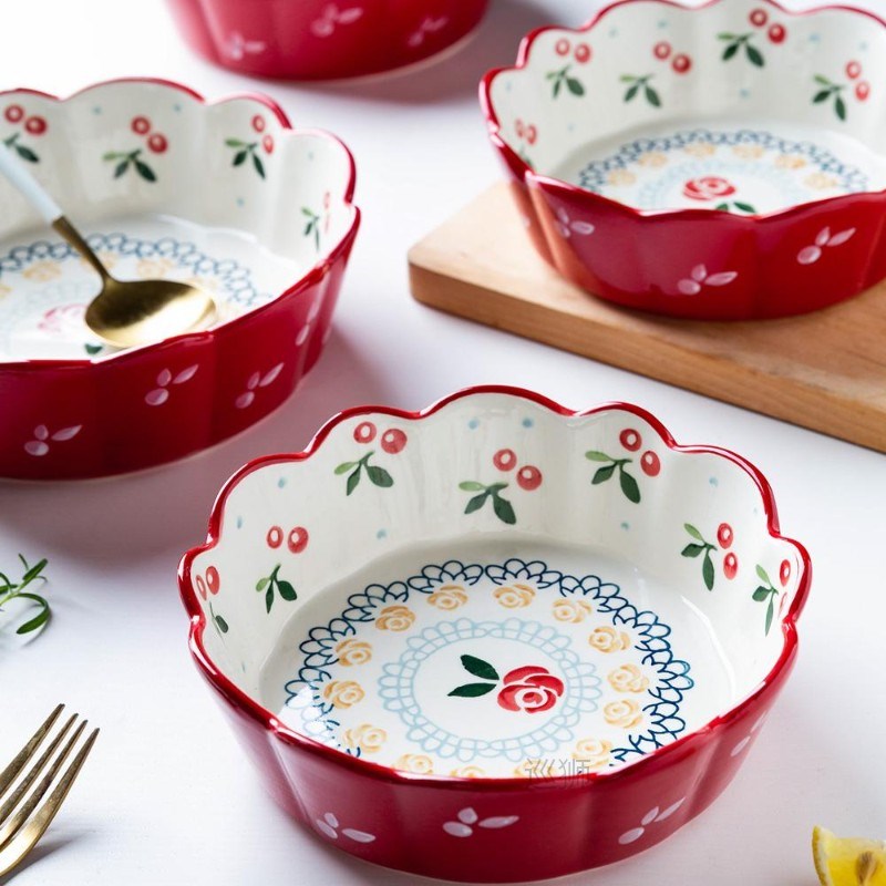MDZF Ceramic Cherry Bowl Fruit Salad Bowl Heart Round Shape
