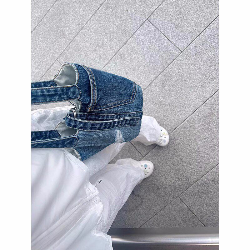 小众牛仔布水桶包拼色简约休闲菜篮子拼色百搭随性单肩斜挎包