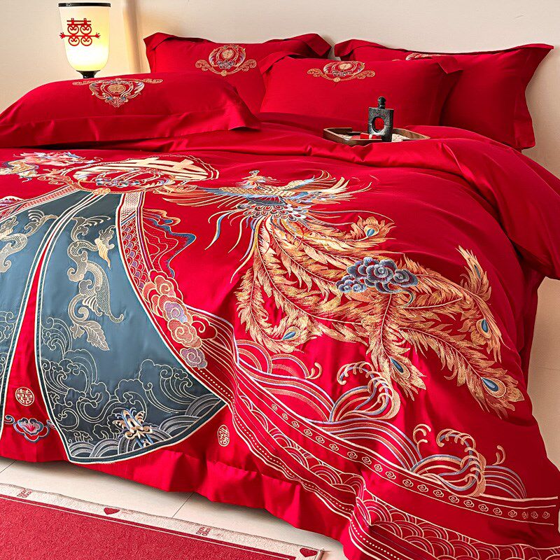 中式龙凤刺绣结婚四件套大红色新婚被套婚庆床上用品婚房陪嫁,床上用品,婚庆床品套件,淘宝优惠券,粉丝福利购,淘宝优惠卷