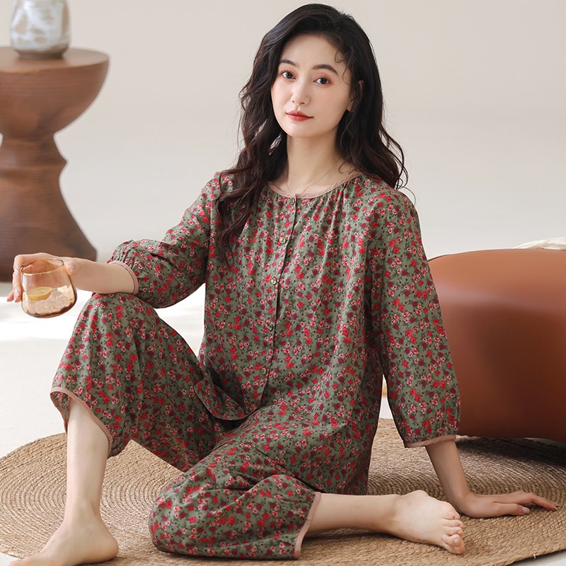 睡衣女春秋款梭织七分袖中年妈妈家居服秋季全棉X薄款夏季套装