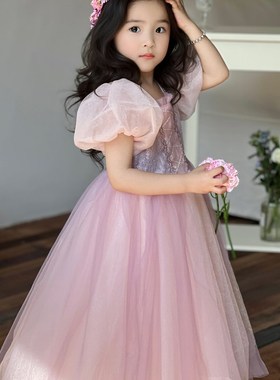 女童粉紫色发光乐佩长发公主裙泡泡袖蓬蓬纱连衣裙六一生日礼服裙