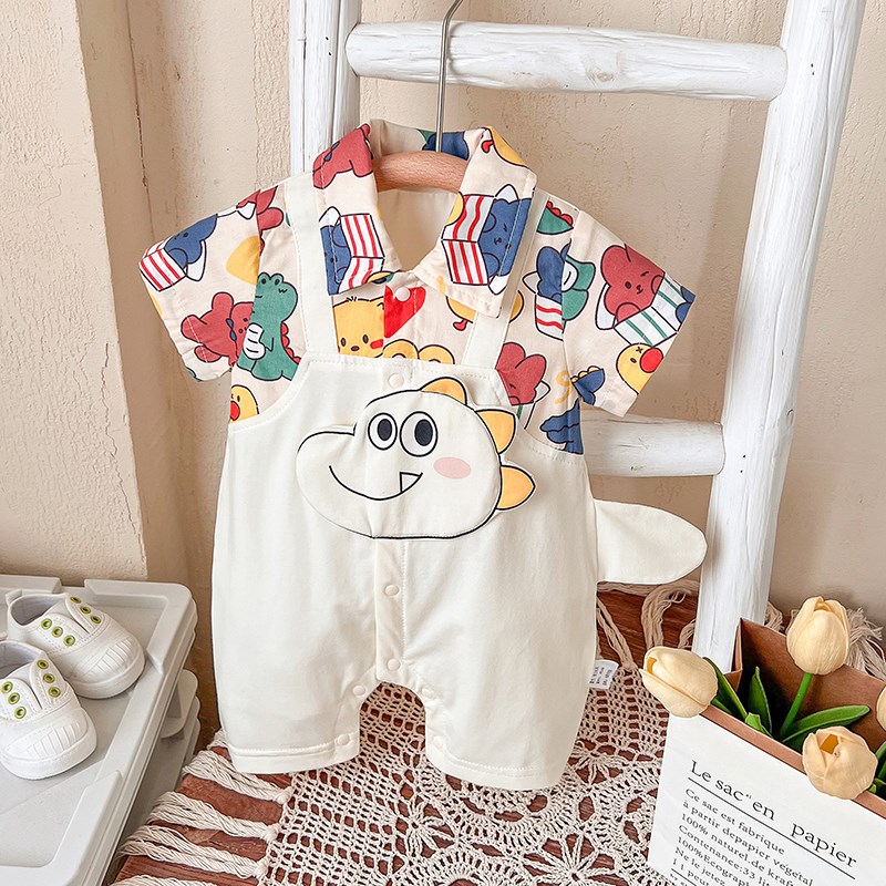 热销婴儿衣服夏装短袖连体衣3—9月宝宝超萌恐龙假两件哈衣薄款外