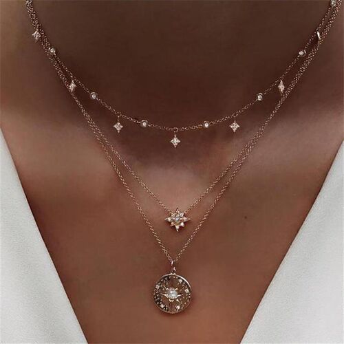 小众高货FNIO Boho Multi-layer Crystal Pendant Neckl Women Ne