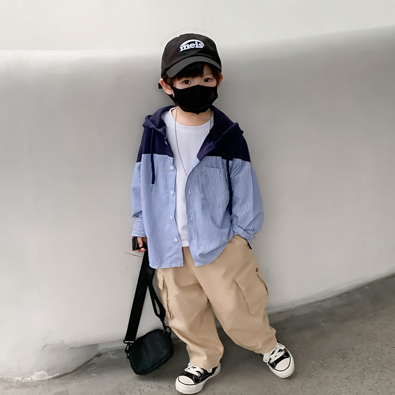 男童长袖衬c衫2023春装新款洋气中小童上衣连帽衬衣儿童洋气外套
