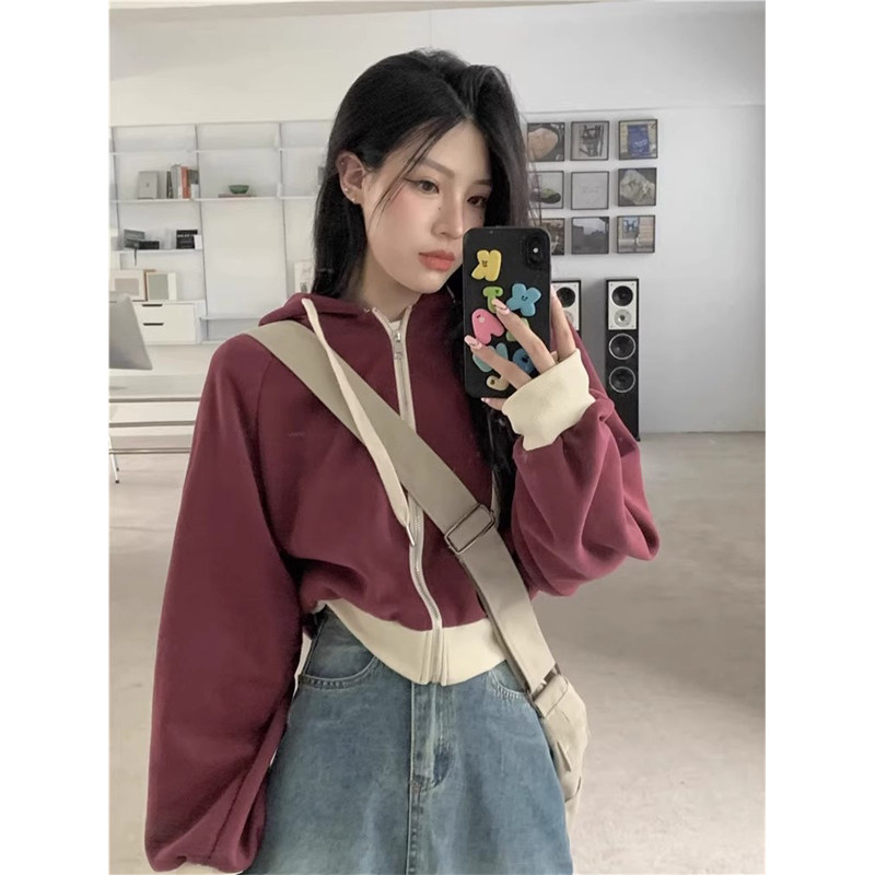 热销辣妹短款小个子开衫连帽卫衣女春秋季2024新款薄款韩版宽松上