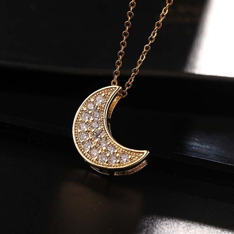 欧美跨境月亮吊坠大气q时尚满钻镀真金不锈钢链条水滴月亮吊坠项