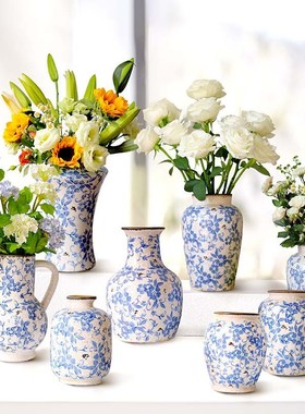 法式复古做旧冰裂纹青花瓷花瓶家居摆件鲜花水培花器