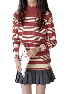 经典条纹 秋冬复古色系外出打底哺乳毛衣时尚辣妈款衣服喂奶上衣