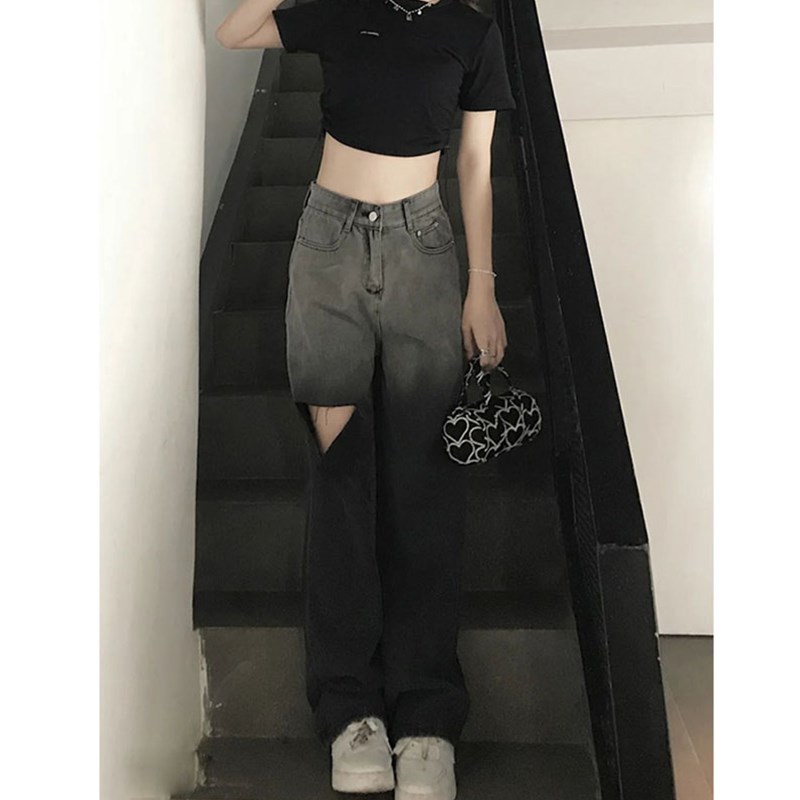 黑色渐变破洞牛仔裤女夏季薄款梨形E身材大码高腰显瘦直筒阔腿裤
