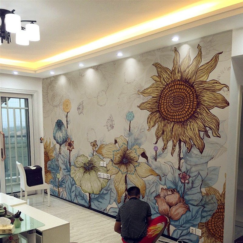 温馨淡雅手绘向日葵壁画3d美式乡村田园壁纸客厅电v视沙发背景墙