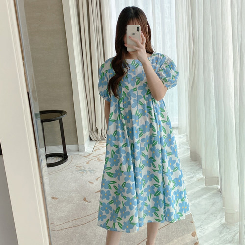 小清新孕妇装纯棉裙子夏天韩版宽B松潮妈法式孕妇印花娃娃连衣裙