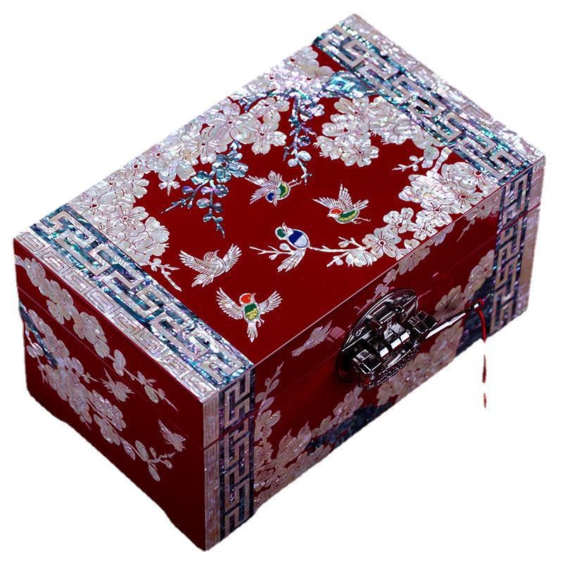 螺钿漆器首饰盒公主结婚风彩礼盒木质V带锁珠宝陪嫁